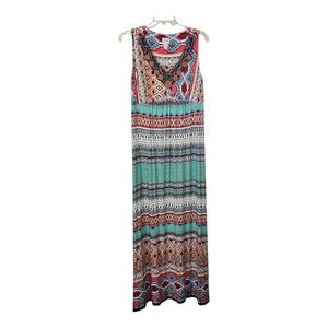 Chico’s Maxi Dress Size 1 Medium Multicolor Boho Tribal Print Beaded Neckline